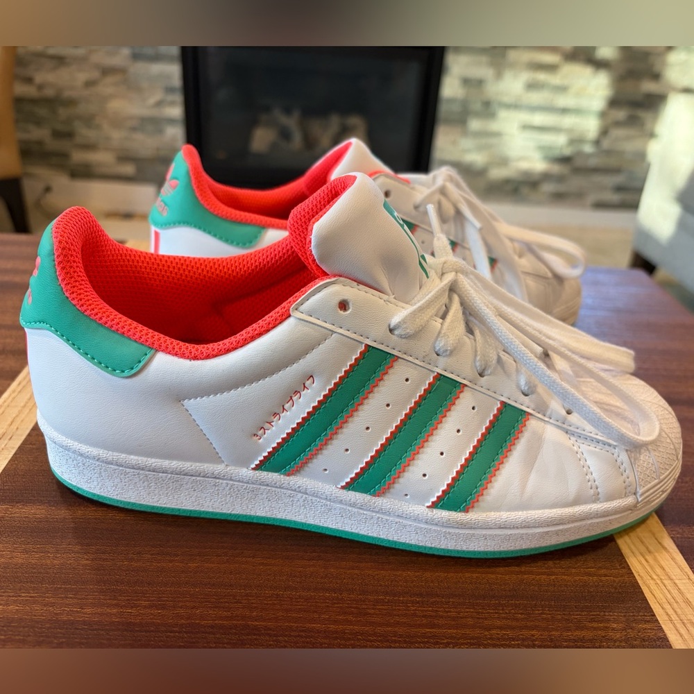 Adidas Superstar Big Kids Sneakers - Size 6.5 - White, Green & Pink